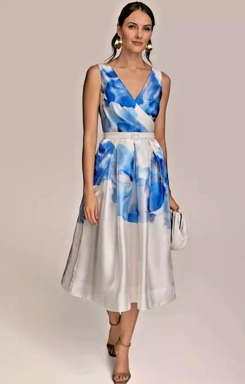 Donna Karan New York Women BLUE Ivory Printed A-Line Midi Dress Size 4 NEW $259